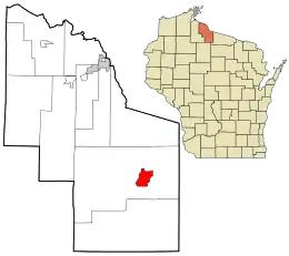 Location in Iron County and the state of Wisconsin.