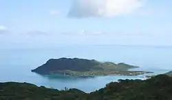 Isla Santa Catalina from Isla de Providencia.  The bay between the two forms the main harbor.