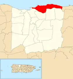 Location of Islote within the municipality of Arecibo shown in red