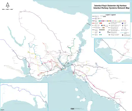 Image 21A well-composed transit map of Istanbul, with a high degree of contrast between the symbols, creating a strong visual hierarchy (transit lines are and look most important), figure-ground, and selectivity (the green national rail line can be isolated when necessary). Also note the harmonizing subdued tones of green and blue in the background. (from Cartographic design)