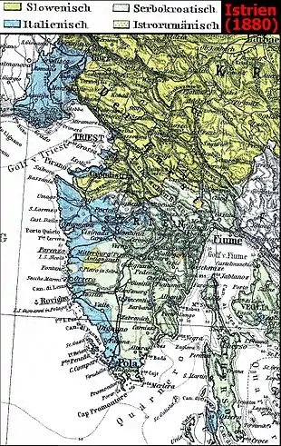 The Trieste-Pula railway was deep in .mw-parser-output .legend{page-break-inside:avoid;break-inside:avoid-column}.mw-parser-output .legend-color{display:inline-block;min-width:1.25em;height:1.25em;line-height:1.25;margin:1px 0;text-align:center;border:1px solid black;background-color:transparent;color:black}.mw-parser-output .legend-text{}&nbsp;&nbsp;ethnically Croat territory