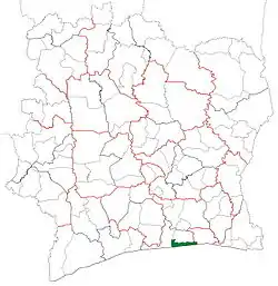 Location in Ivory Coast. Jacqueville Department has retained the same boundaries since its creation in 1998.