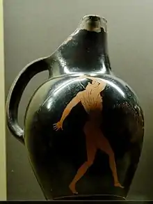 Oinochoe Shape 7, H. 21 cm (8 ¼ in.), diam. 12.8 cm (5 in.), Javelin thrower. Attic red-figured, ca. 450 BC