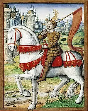 Joan of Arc depicted on horseback in an illustration from a 1505 manuscript. The martyr and saint Joan of Arc is a national hero in France