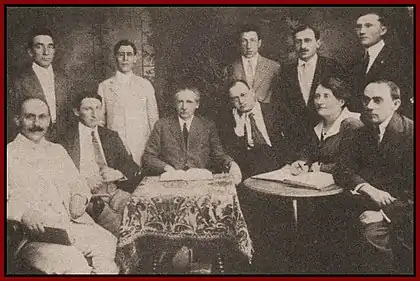 Zivion (seated, first on left), with other members of the Jewish Socialist Federation in 1917.