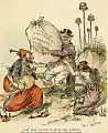 "John Bull hated to drop his bundle&nbsp;..." Political cartoon about "England's commercial interests in the Orient". The woman represents Armenia.