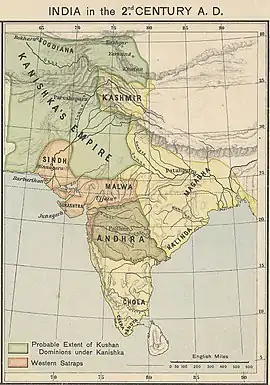 A map of India in the 2nd century AD showing the extent of the Kushan Empire (in green) during the reign of Kanishka. Most historians consider the empire to have variously extended as far east as the middle Ganges plain, to Varanasi on the confluence of the Ganges and the Jumna, or probably even Pataliputra.