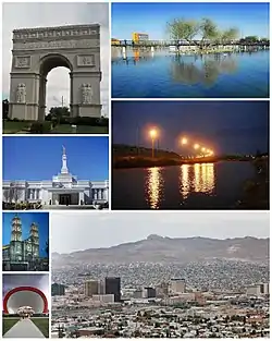 Top to bottom, left to right: Replica of the Triumphal Arch, Parque Central Poniente, Mormon Temple, Rio Bravo, Ciudad Juárez Cathedral, Acoustic shell in the Plaza de la Mexicanidad, and Panoramic view of El Paso, Texas (foreground) and Cd. Juárez (background).