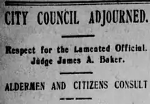 Newpaper clipping with headline that City Council paid their last respects to Baker