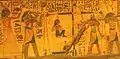 Meskhenet depicted as a birth brick in a Weighing of the Heart scene painted on a coffin