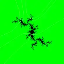 Julia set with external rays landing on period 3 orbit