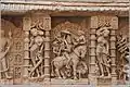 Kalki incarnation (centre), women with lipstick or twig (left) and with monkey (right)