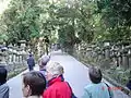 Path leading up to the shrine, braced by rows of stone lanterns