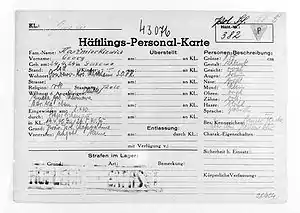 Emblems were also used on some detainee ID-cards as shown here on the Mauthausen card of Polish scientist Jerzy Kaźmirkiewicz, where a P-triangle appears..mw-parser-output .citation{word-wrap:break-word}.mw-parser-output .citation:target{background-color:rgba(0,127,255,0.133)}^