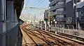 The tracks at the north end of the Daishi Line platforms in January 2016