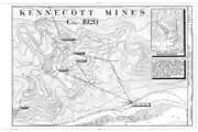 Topographic map showing the location of the Erie, Jumbo, Mother Lode, Bonanza and Glacier Mines in relation to Kennecott.  Note the aerial tramways and haulage tunnels.