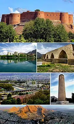 Montage of Khorramabad, Clockwise:Falak-ol-Aflak Castle, Keeyow lake, Shapuri bridge, View of the Khorramabad city, Brick Minaret, Panorama of the Khorramabad