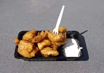 Kibbeling are battered deep-fried pieces of fish which are popular as a snack.
