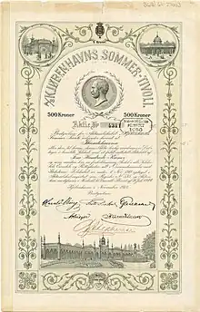 Stock certificate of the Tivoli Gardens for 500 kroner, issued in November 1918 in Copenhagen, decorated with the bust of the Tivoli founder Georg Carstensen