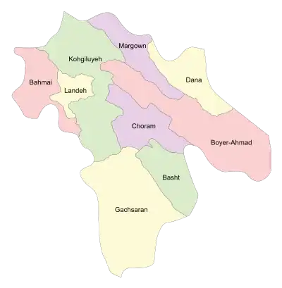 Location of Margown County in&nbsp;Kohgiluyeh and Boyer-Ahmad&nbsp;province (top, purple)