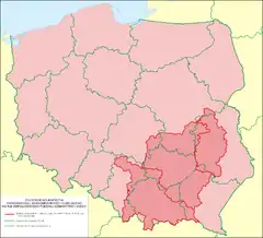 The historical region of Lesser Poland (shown in darker pink) within the borders of present-day Poland