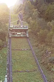 The Lärchwandschrägaufzug in Kaprun, Austria has a gauge of 8,200&nbsp;mm (.mw-parser-output .frac{white-space:nowrap}.mw-parser-output .frac .num,.mw-parser-output .frac .den{font-size:80%;line-height:0;vertical-align:super}.mw-parser-output .frac .den{vertical-align:sub}.mw-parser-output .sr-only{border:0;clip:rect(0,0,0,0);clip-path:polygon(0px 0px,0px 0px,0px 0px);height:1px;margin:-1px;overflow:hidden;padding:0;position:absolute;width:1px}26&nbsp;ft&nbsp;10+27⁄32&nbsp;in)