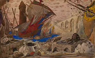 For La Pisanelle où la Mort parfumée by Gabriele D'Annunzio; 1913, pencil, watercolour and gouache on cardboard, 24 × 39 cm, private collection.
