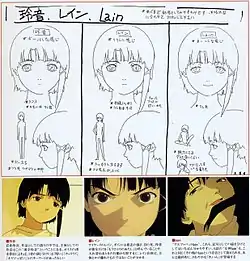 A series of drawings depicting the different personalities of Lain—the first shows shy body language, the second shows bolder body language, and the third grins in an unhinged fashion.