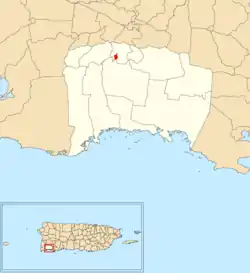 Location of Lajas barrio-pueblo within the municipality of Lajas shown in red