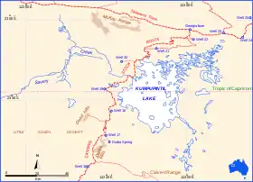Route of Canning Stock Route relative to Kumpupintil Lake.