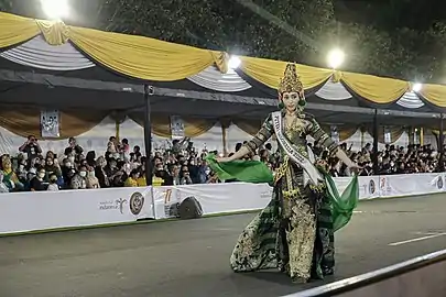 Suardana parades in a Wayang Golek themed costume during the Jember Fashion Carnaval 2022 in East Java, Indonesia, witnessed by the Governor of East Java, Khofifah Indar Parawansa and the Minister of Tourism and Creative Economy of Indonesia, Sandiaga Salahuddin Uno on 7 August 2022.