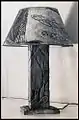 Lamp, carved wood, painted shade, c.1960