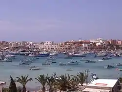 View of the town of Lampedusa from the harbor
