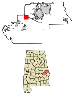 Location in Lee County and Macon County, Alabama