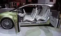 A Lincoln concept car (Lincoln C) from 2009 with rear suicide doors, left side doors open. Note that there is no B-pillar and therefore there are two pillars, A and C.