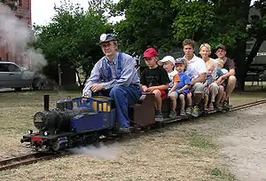 A propane-fired 1:8 scale live steam train running on the Finnish Railway Museum's 7.25-inch (18.4&nbsp;cm) gauge track.