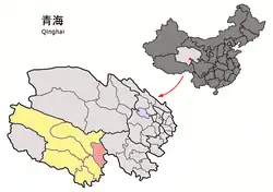 Chindu/Chenduo County (light red) within Yushu Prefecture (yellow) and Qinghai