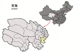 Jainca (Jianzha) County (light red) within Huangnan Prefecture (yellow) and Qinghai