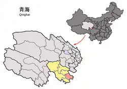 Jigzhi / Jiuzhi County (light red) within Golog Prefecture (yellow) and Qinghai