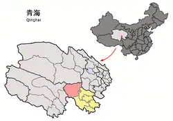 Madoi / Maduo County (light red) within Golog Prefecture (yellow) and Qinghai