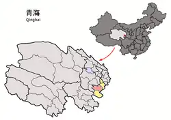 Zêkog / Zeku County (light red) within Huangnan Prefecture (yellow) and Qinghai