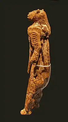 Löwenmensch, from Hohlenstein-Stadel, now in Ulmer Museum, Ulm, Germany, the oldest known anthropomorphic animal-human statuette, Aurignacian era, c.&nbsp;35–40,000&nbsp;BP