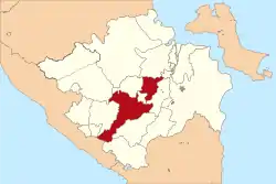 Location of Muara Enim Regency (in red) in South Sumatra, following the separation off of Penukal, Abab Lematang Ilir Regency, old map before 2023 adjustments.