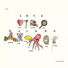 Cover art of "Love Galore": an acrostic of the song's title, with accompanying drawings for each word
