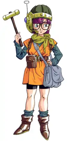 Lucca Ashtear's design has fair skin and purple hair. She wears glasses, a technologically advanced helmet, a tunic, an undershirt, shorts, socks, boots, a scarf, and multiple bags. She wields a hammer as a weapon.