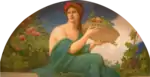 Woman portrayed as goddess/deity holding tray of fruit. To her left is a tree with apples. To her right are vines with grapes.