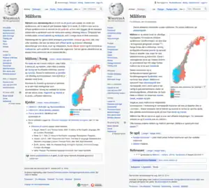 Nynorsk [nn] (left) and Bokmål/Riksmål [nb] editions of Wikipedia compared side-by-side