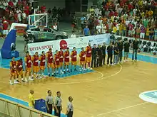 Macedonia basketball team prior to a match at the Boris Trajkovski Sports Center