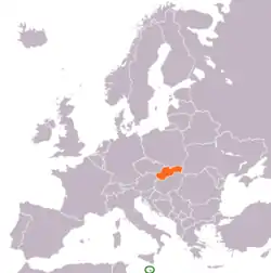 Map indicating locations of Malta and Slovakia