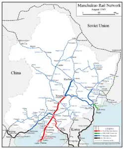 Map of Manchukuo and its rail network, c.&nbsp;1945